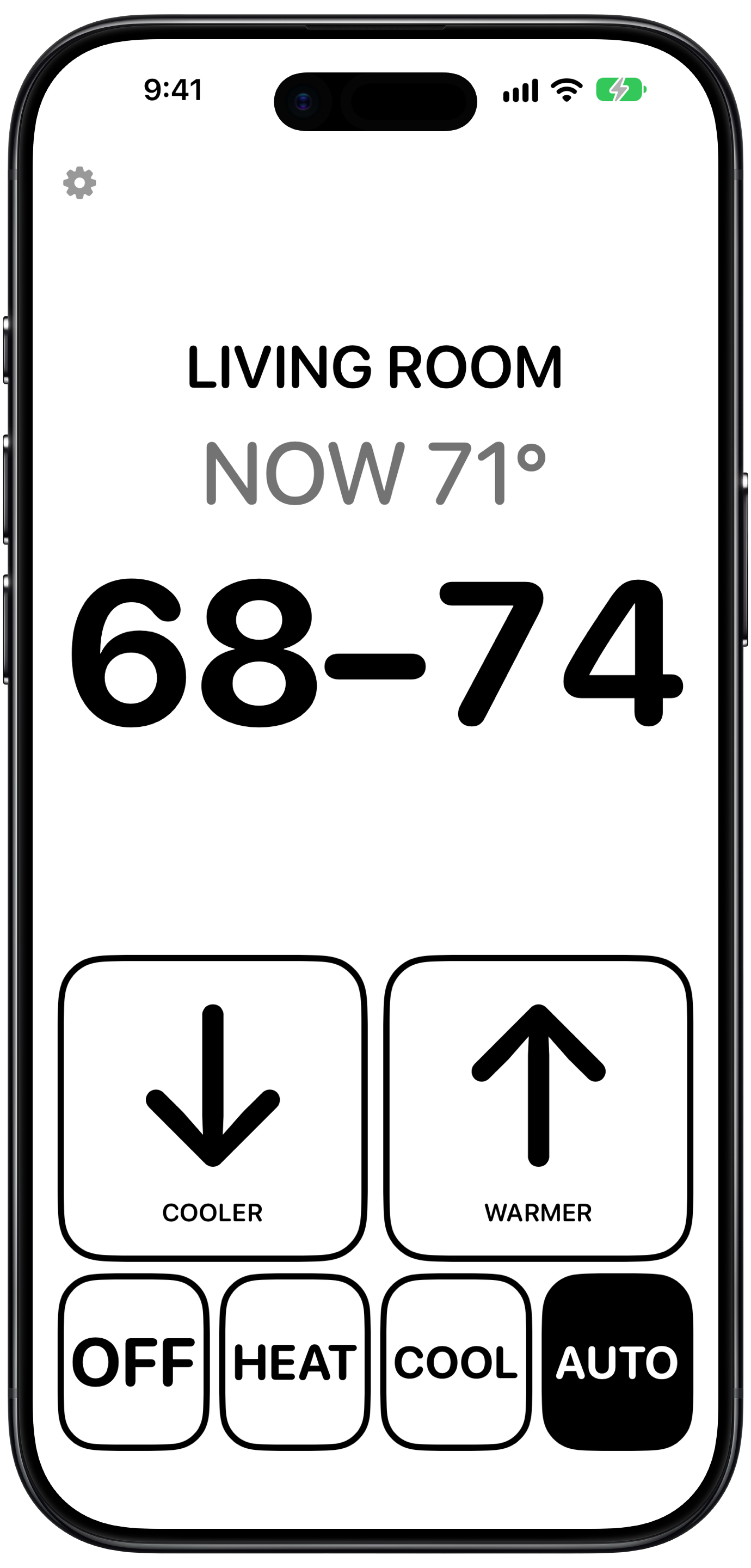 EasyHomeControl in Auto mode: the Living Room is 71°, kept between 68° and 74°, with big Cooler and Warmer buttons and Off, Heat, Cool, and Auto modes.