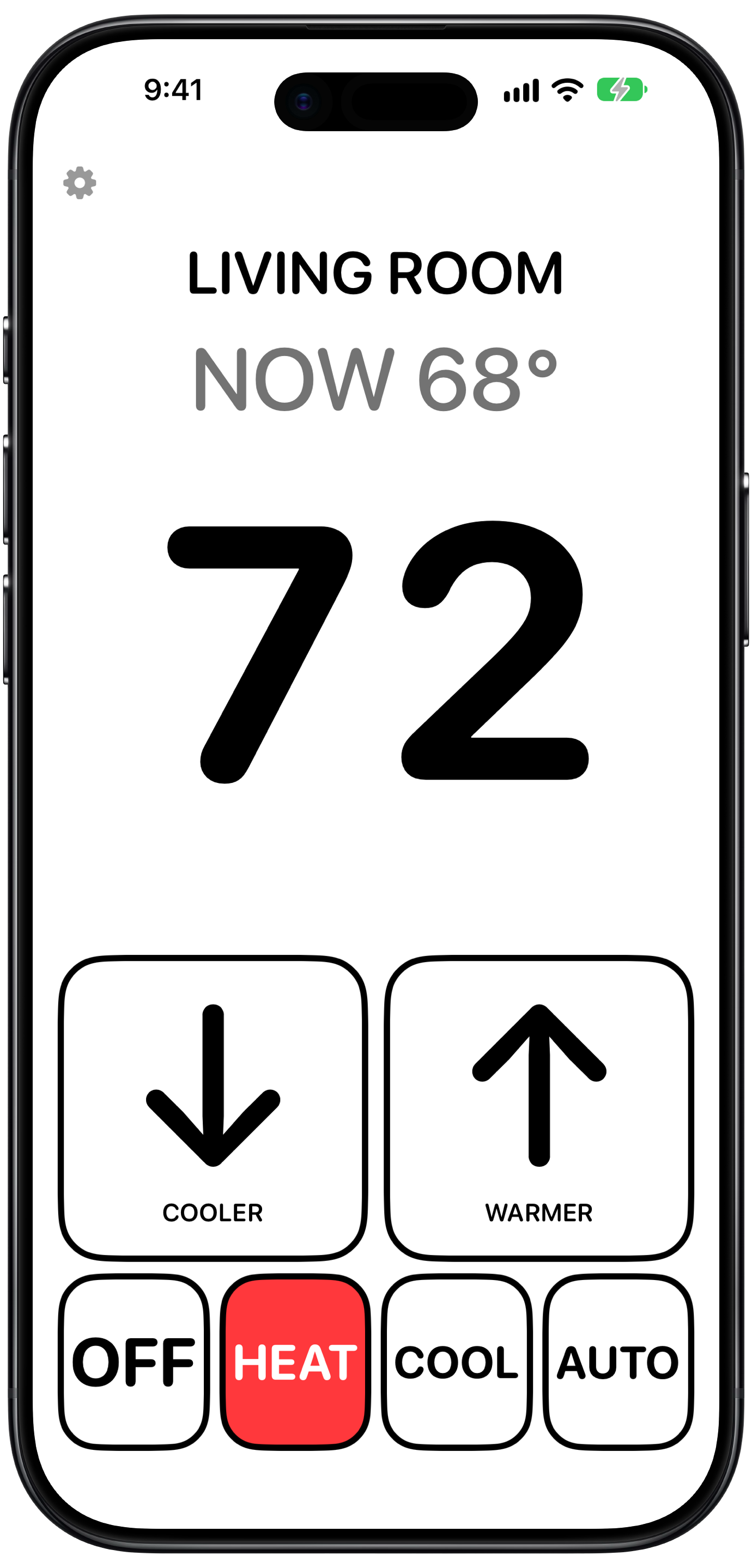Heat mode set to 72° with the room at 68°, shown in huge high-contrast numbers.