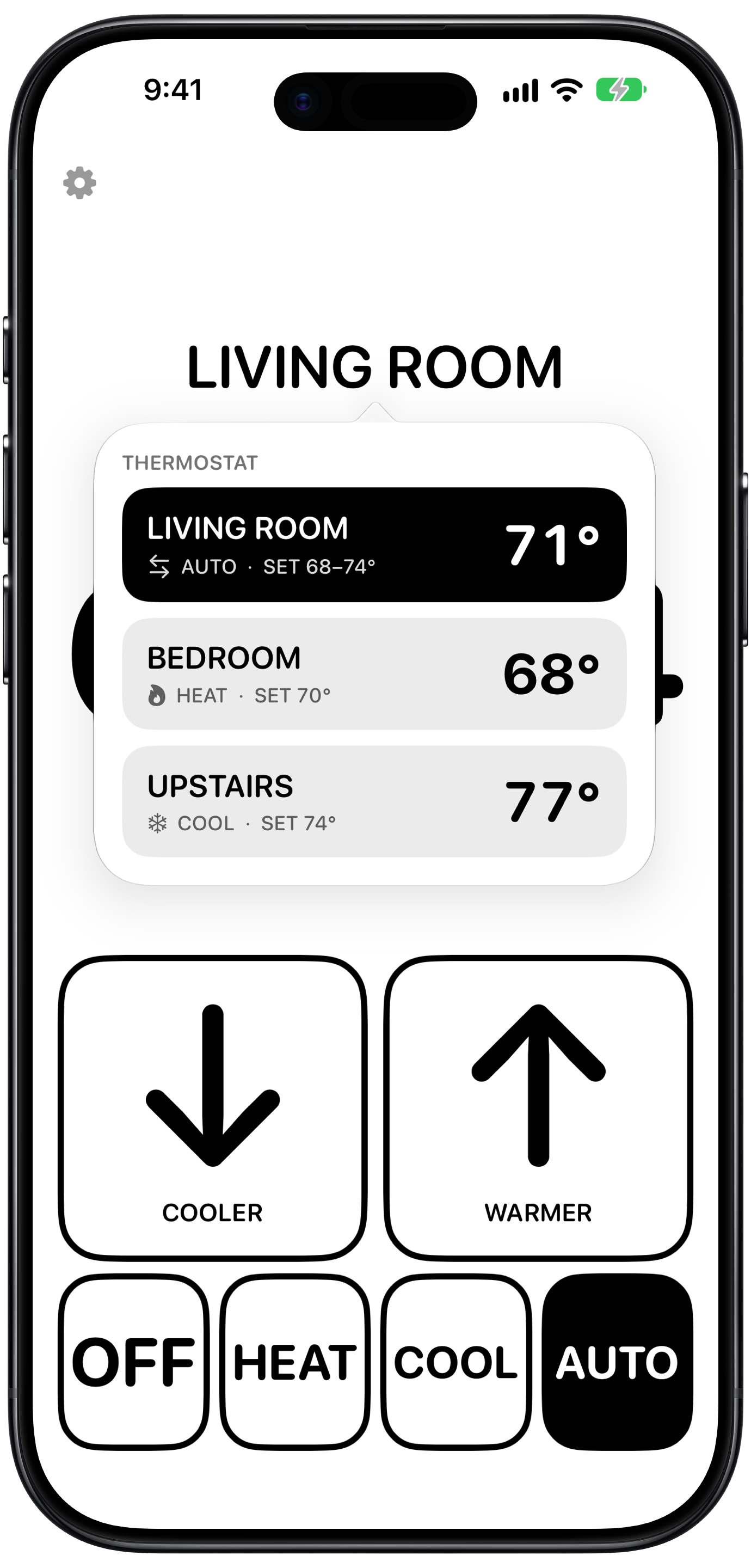 The thermostat picker listing Living Room, Bedroom, and Upstairs with each room's temperature and mode.