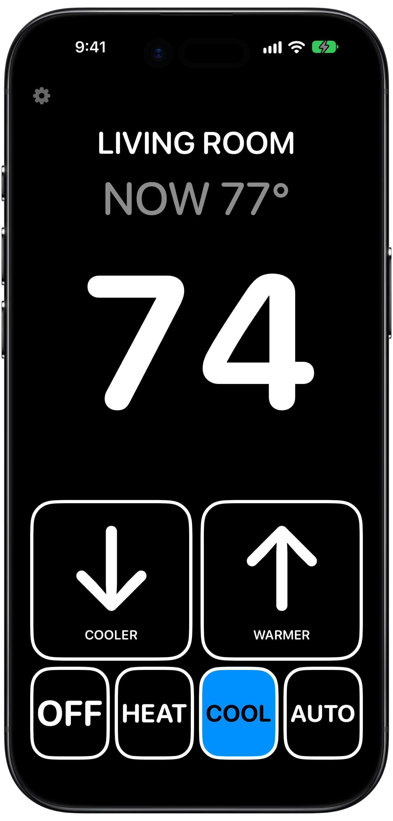 Dark mode in Cool, set to 74° with the room at 77°, white numbers and buttons on black.