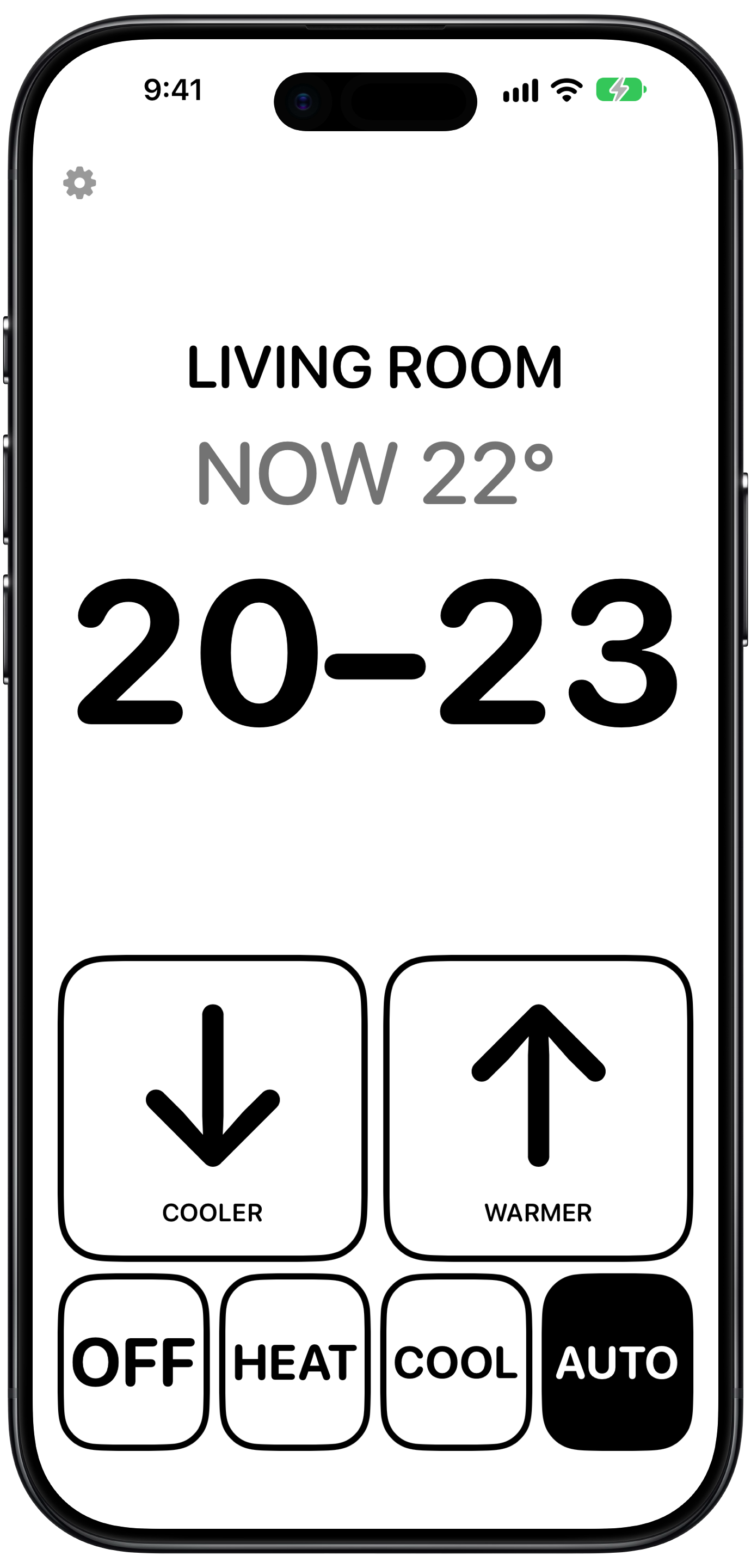 Auto mode in Celsius, keeping the room between 20° and 23° with the room at 22°.